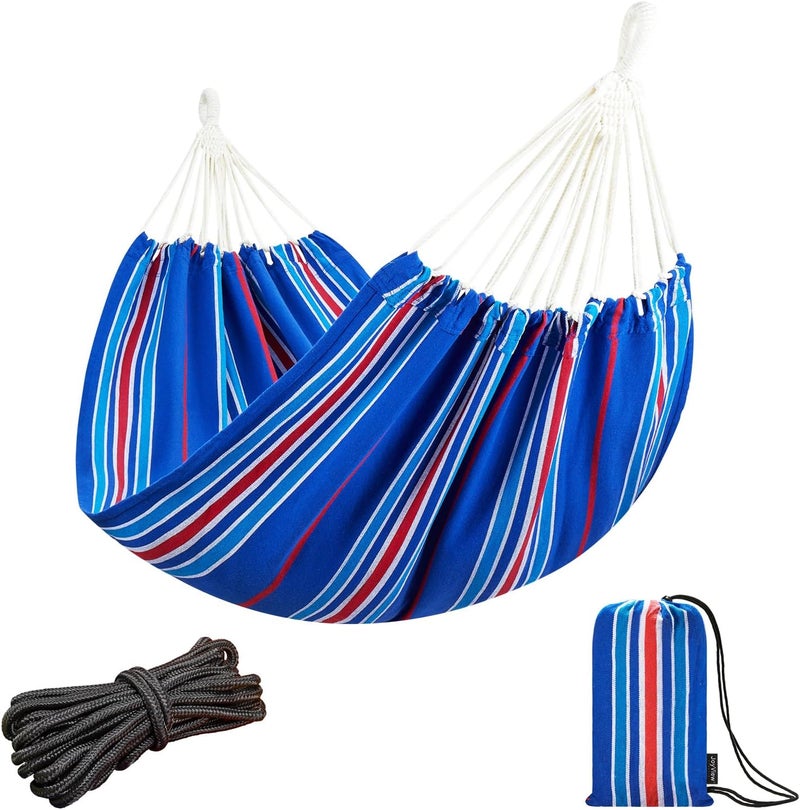 JoyView Brazilian Hammock for Single Person Portable Hammock with Hanging Ropes & Carry Bag Large 78.8x39.4” for Patio 300LBS Capacity Perfect for Outdoor/Indoor - Blue Stripe - Image 1